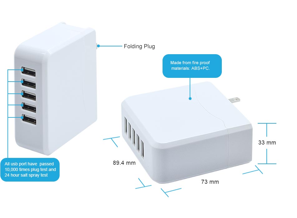 US Plug 5-Port USB High Speed Wall Charger with Folding Plug specification